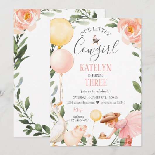 Cowgirl Birthday Uitnodiging met Greenery (Voorkant / Achterkant)