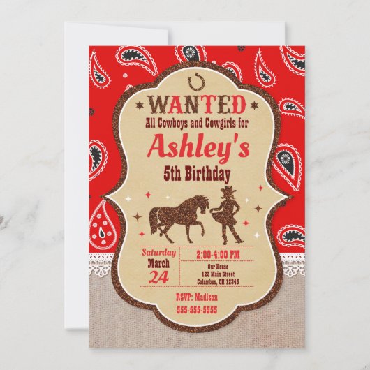 Cowgirl Birthday Uitnodiging / Western / Glitter (Voorkant)