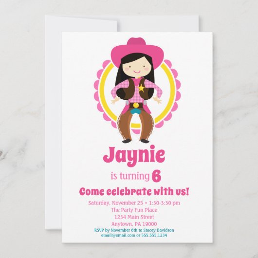 Cowgirl - Black Hair Cowgirl Birthday Party Kaart (Voorkant)