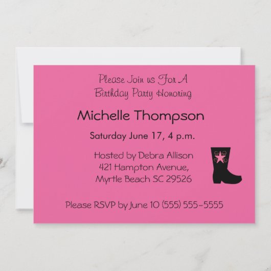Cowgirl Boot Verjaardag Uitnodiging (Achterkant)