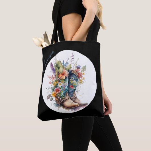 Cowgirl Boots en wilde bloemen gepersonaliseerd Tote Bag (Dichtbij)
