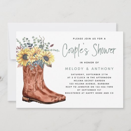 Cowgirl Boots Sunflower Eucalyptus Couple's Shower Kaart (Voorkant)