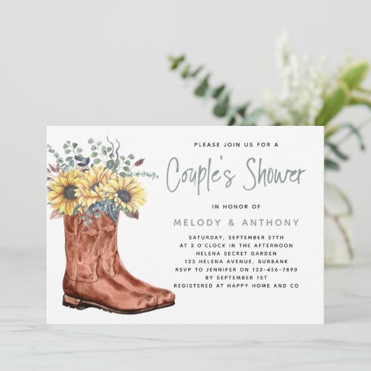 Cowgirl Boots Sunflower Eucalyptus Couple's Shower Kaart (Staand voorkant)
