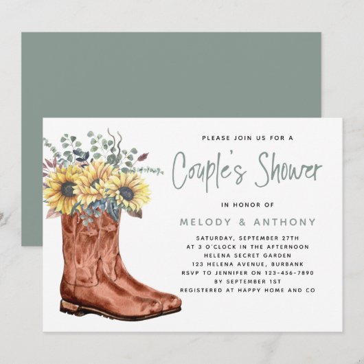 Cowgirl Boots Sunflower Eucalyptus Couple's Shower Kaart (Voorkant / Achterkant)
