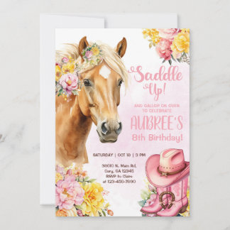 Cowgirl, brown horse, saddle up birthday invite. kaart