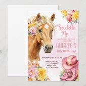 Cowgirl, brown horse, saddle up birthday invite. kaart (Voorkant / Achterkant)