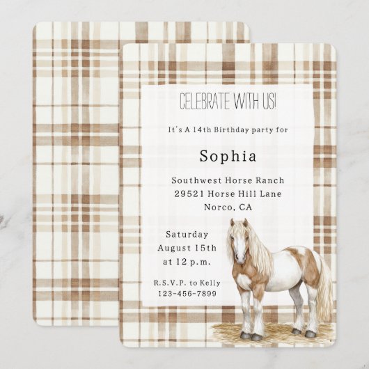 Cowgirl Brown Plaid Stripes Horse Birthday   Kaart (Voorkant / Achterkant)