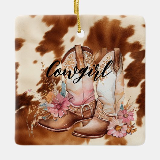 Cowgirl Bruin Koeienhuid western Cowboy laarzen Keramisch Ornament (Voorkant)