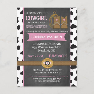 Cowgirl Chalkboard Baby shower Invitation Briefkaa Uitnodiging Briefkaart