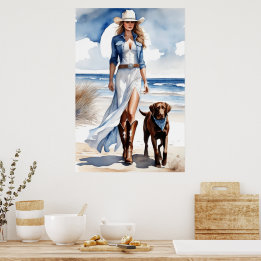 Cowgirl Coastal met een Dog Waterverf Poster