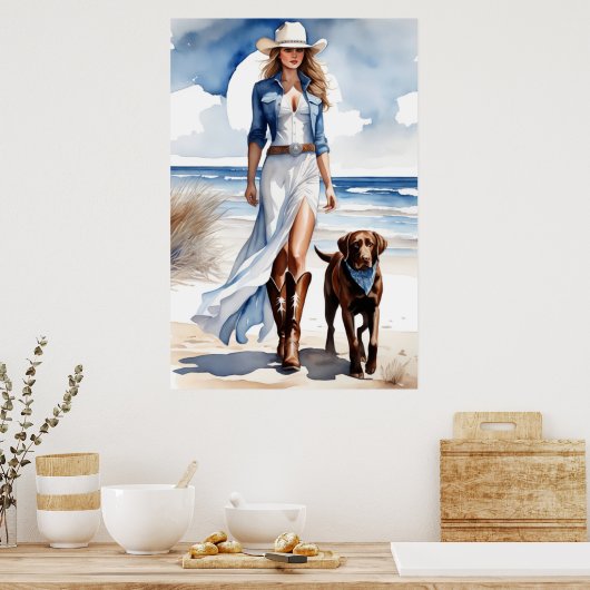 Cowgirl Coastal met een Dog Waterverf Poster (Keuken)