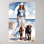Cowgirl Coastal met een Dog Waterverf Poster (Voorkant)
