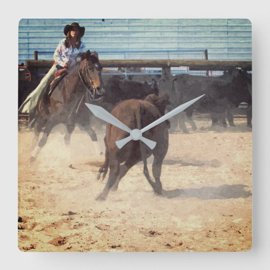 Cowgirl Corral Separating Cattle Western Vierkante Klok (Voorkant)