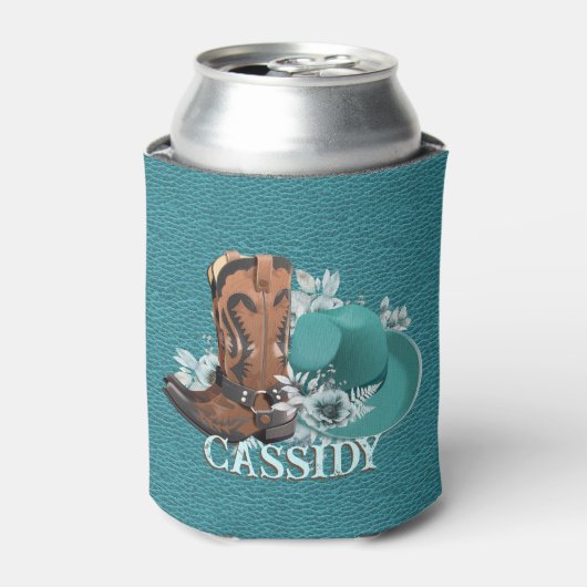 Cowgirl cowboy boots pet turquoise lederen naam blikjeskoeler (Blikje Voorkant)