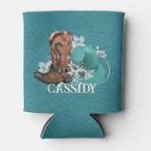 Cowgirl cowboy boots pet turquoise lederen naam blikjeskoeler (Voorkant)