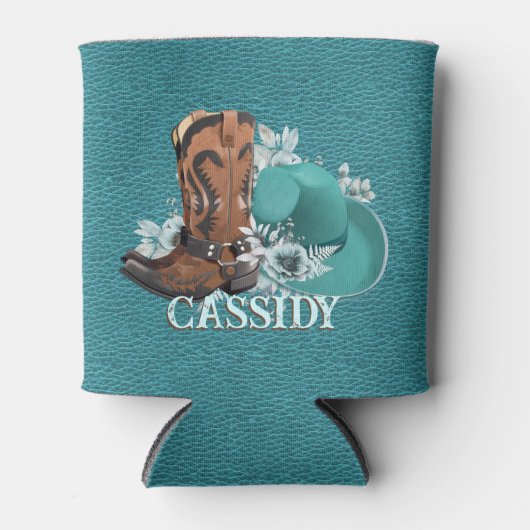 Cowgirl cowboy boots pet turquoise lederen naam blikjeskoeler (Voorkant)