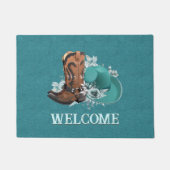 Cowgirl cowboy boots pet turquoise lederen naam deurmat (Voorkant)