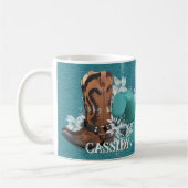 Cowgirl cowboy boots pet turquoise lederen naam koffiemok (Links)