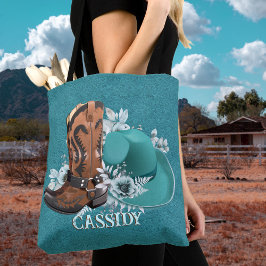 Cowgirl cowboy boots pet turquoise lederen naam tote bag