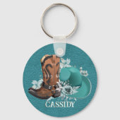 Cowgirl cowboy laarzen pet turquoise bruine naam sleutelhanger (Voorkant)