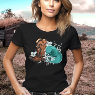 Cowgirl cowboy laarzen pet turquoise bruine naam t-shirt