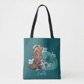 Cowgirl cowboy laarzen pet turquoise bruine naam tote bag (Voorkant)