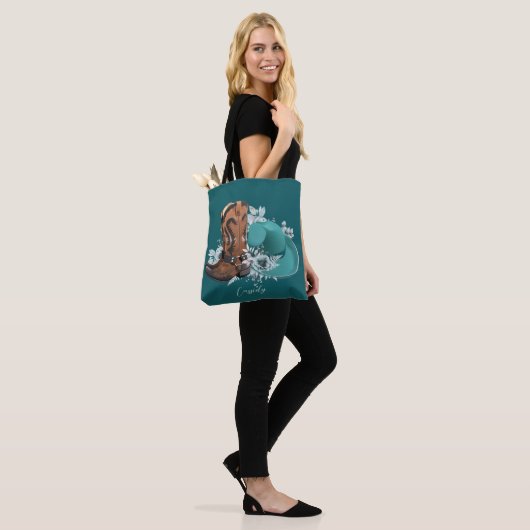 Cowgirl cowboy laarzen pet turquoise bruine naam tote bag (Op model)