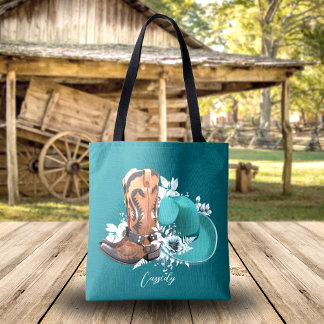 Cowgirl cowboy laarzen pet turquoise bruine naam tote bag