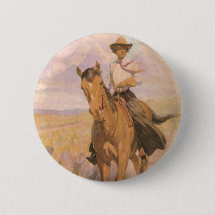  Cowgirl Cowboy, vrouw op paard van Dunton Ronde Button 5,7 Cm