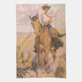  Cowgirl Cowboy, vrouw op paard van Dunton Theedoek