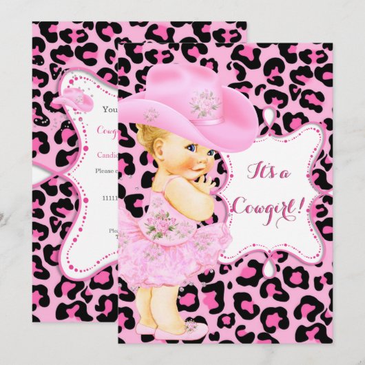 Cowgirl Cute Baby shower Pink Leopard Girl Blonde Kaart (Voorkant / Achterkant)