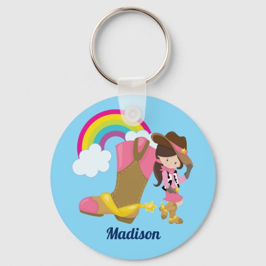 Cowgirl Cute Kinder Rainbow Blue Monogram Girls Sleutelhanger (Voorkant)