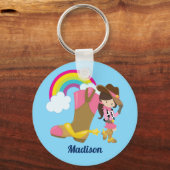 Cowgirl Cute Kinder Rainbow Blue Monogram Girls Sleutelhanger (Voorkant)