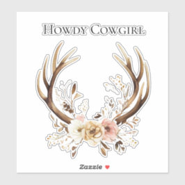 Cowgirl Deer Antlers Floral Howdy Sticker