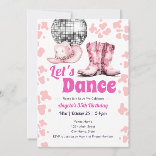 Cowgirl Disco 35e verjaardag PINK Dance uitnodigin Kaart (Voorkant)