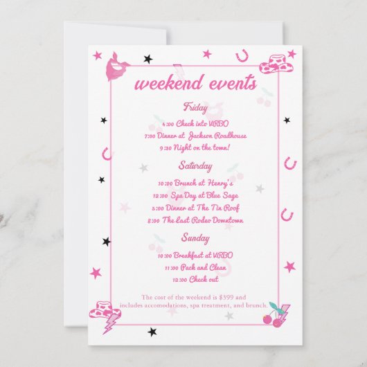 Cowgirl Disco Bachelorette Weekend Reisplan Kaart (Achterkant)