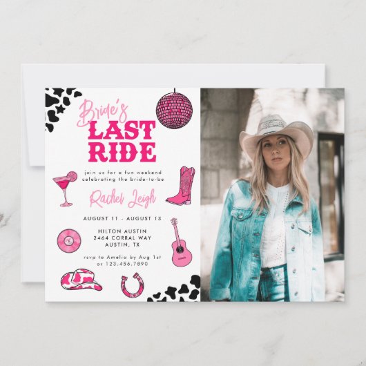 Cowgirl Disco Last Ride Bachelorette Weekend Invit Kaart (Voorkant)