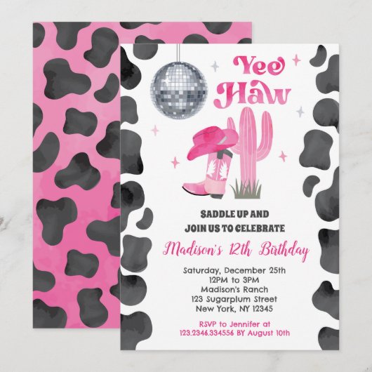 Cowgirl Disco Rodeo Westerne Verjaardagsuitnodigin Kaart (Voorkant / Achterkant)
