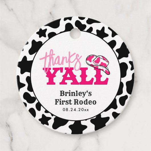 Cowgirl Disco Roze Eerste Rodeo Bedankt Y'all Bedankjes Labels (Voorkant)