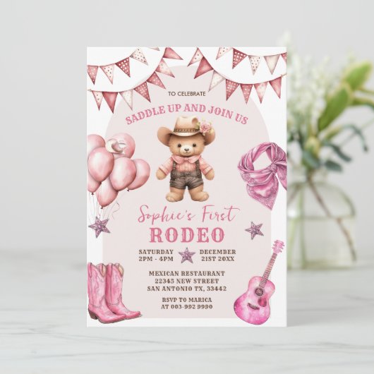 Cowgirl Eerste Rodeo Ballonnen Verjaardag Uitnodig Kaart (Staand voorkant)