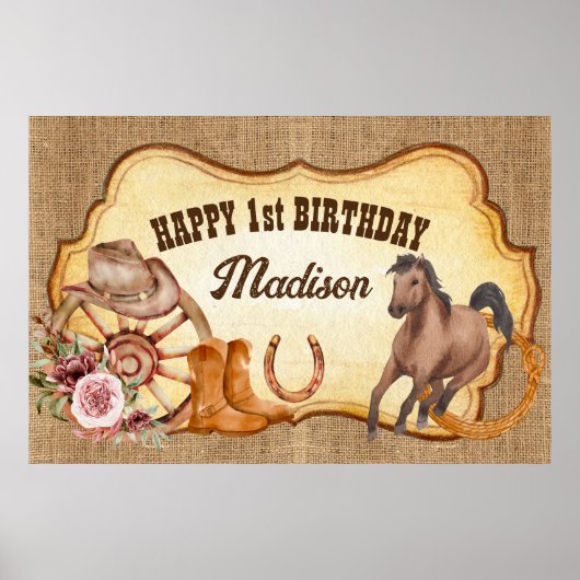 Cowgirl eerste rodeo boerderij paarden verjaardag poster (Voorkant)