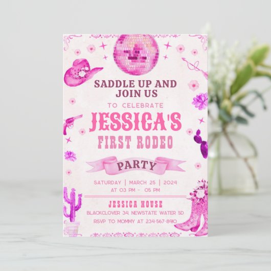 Cowgirl Eerste Rodeo Feest Uitnodiging (Staand voorkant)