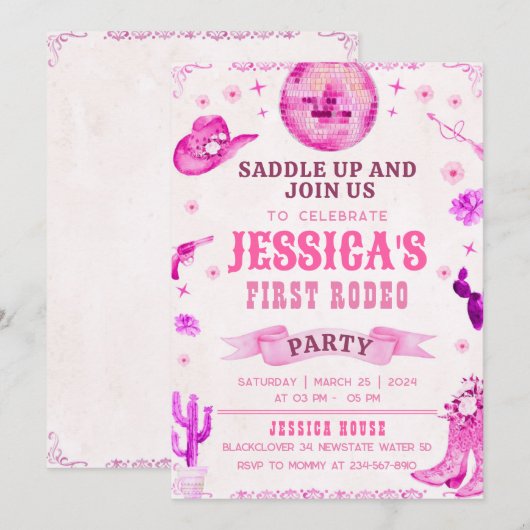 Cowgirl Eerste Rodeo Feest Uitnodiging (Voorkant / Achterkant)