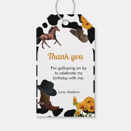 Cowgirl eerste rodeo verjaardag dank u cadeaulabel (Voorkant)