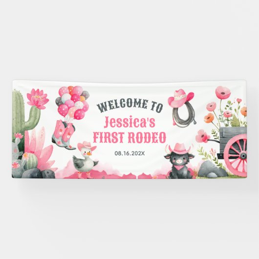 Cowgirl Eerste Rodeo Western Verjaardagsfeest Welk Spandoek (Horizontaal)