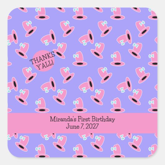 Cowgirl Eerste Verjaardag Vierkante Sticker (Voorkant)