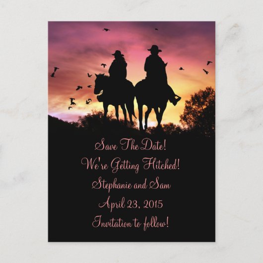 Cowgirl en Cowboy Riding Save the Date Briefkaart (Voorkant)