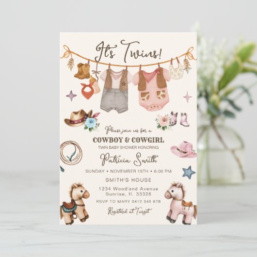 Cowgirl en cowboy tweeling uitnodiging (Staand voorkant)