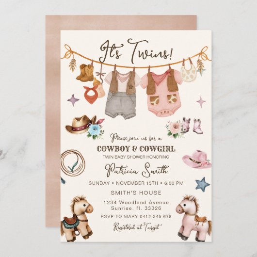 Cowgirl en cowboy tweeling uitnodiging (Voorkant / Achterkant)