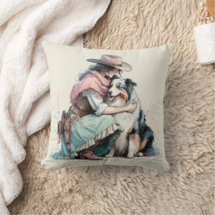 Cowgirl En Hond Pastel Waterverf Kussen